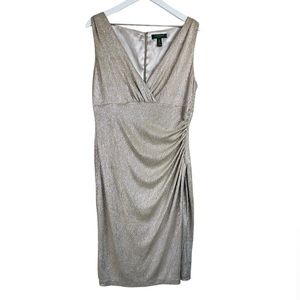 Lauren Ralph Lauren Sleeveless V-Neck Faux Wrap Midi Sheath Dress Gold Size 16